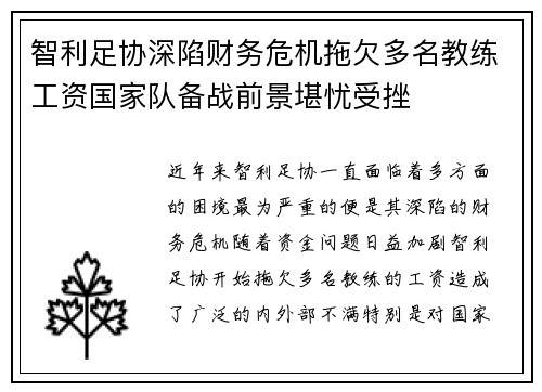 智利足协深陷财务危机拖欠多名教练工资国家队备战前景堪忧受挫