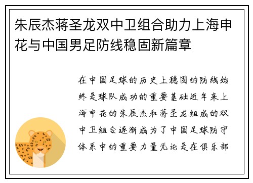 朱辰杰蒋圣龙双中卫组合助力上海申花与中国男足防线稳固新篇章